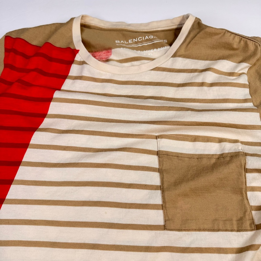BALENCIAGA Stripe T-Shirt Women’s Size XL Brown Cotton Stretch Crewneck Casual - Picture 10 of 12